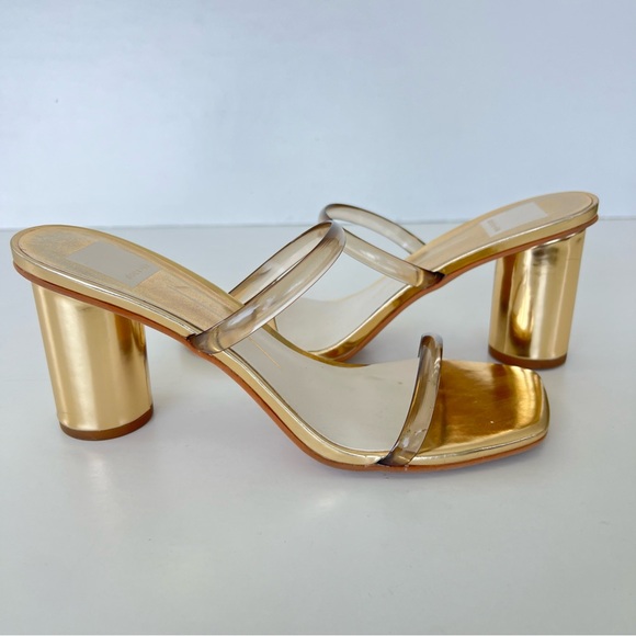 ♦️SOLD♦️DOLCE VITA Noles Gold w Clear Straps Open Toe Slides Slip On Heels Sanda - Picture 2 of 16